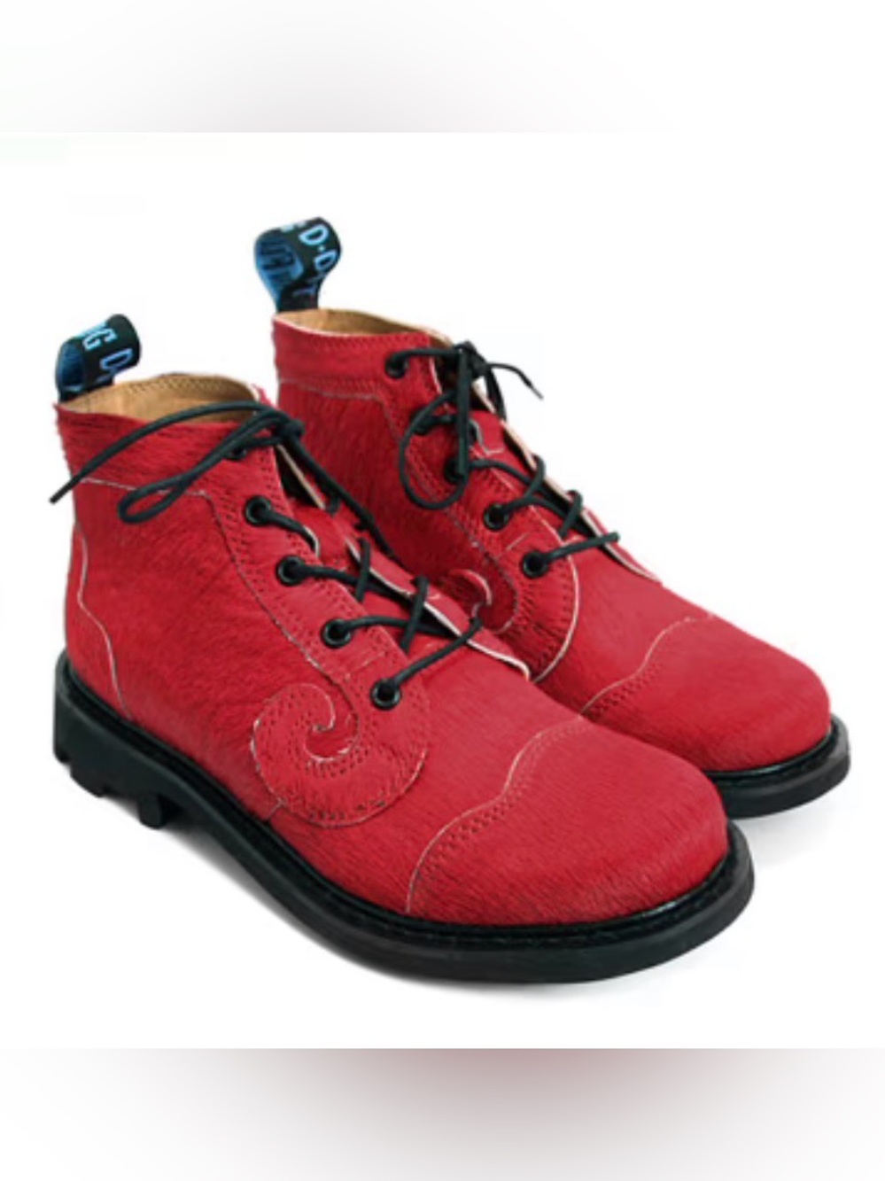 Fluevog NEARLY NEW 7th Heaven 5-Eye Derby Swirl red pony hair boots-W8 (fit 7.5)